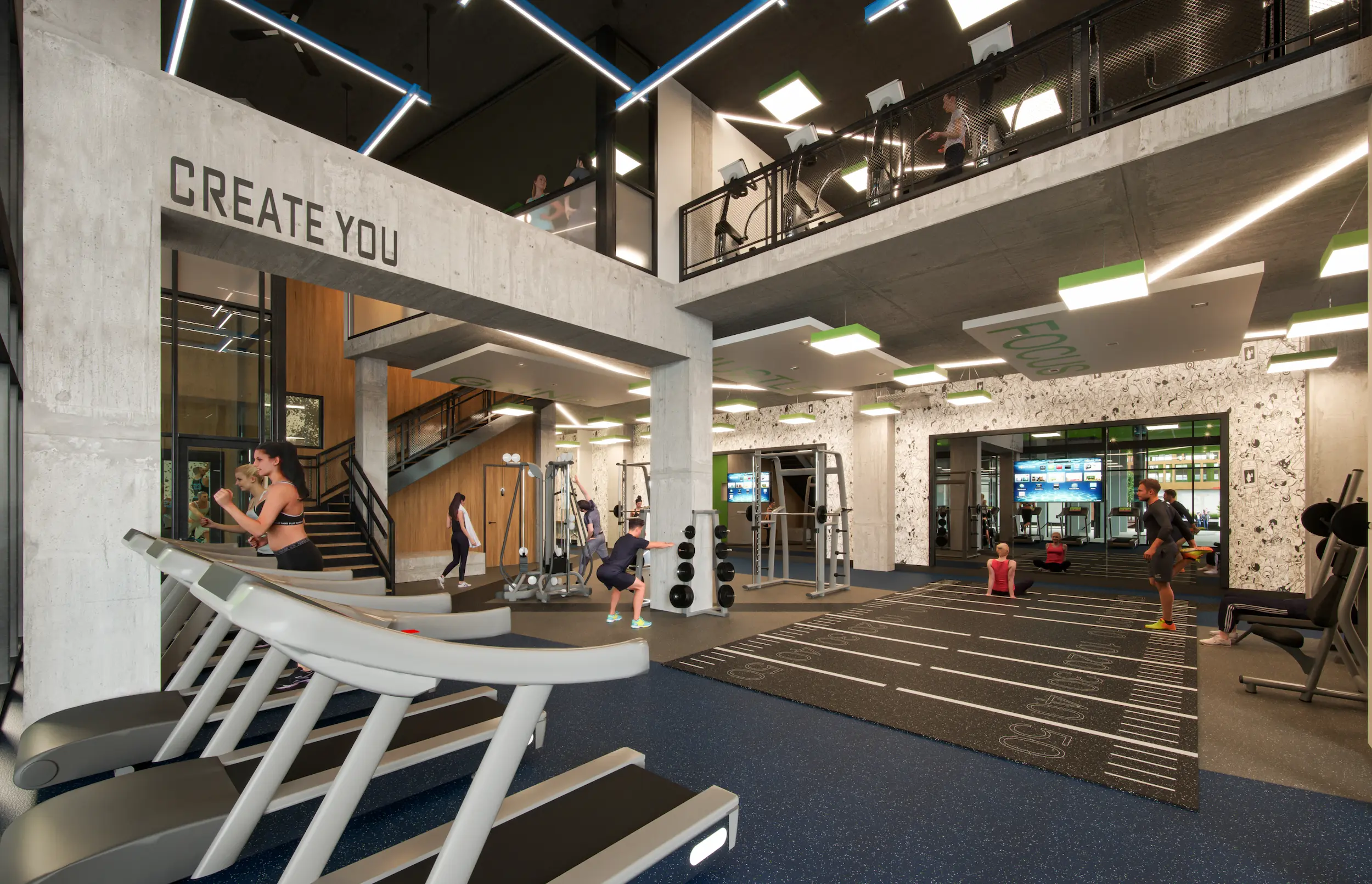 Interior View of Two-Story Fitness Center Showing People Running on Treadmills, Lifting Weights, and Stretching on Floor Mats